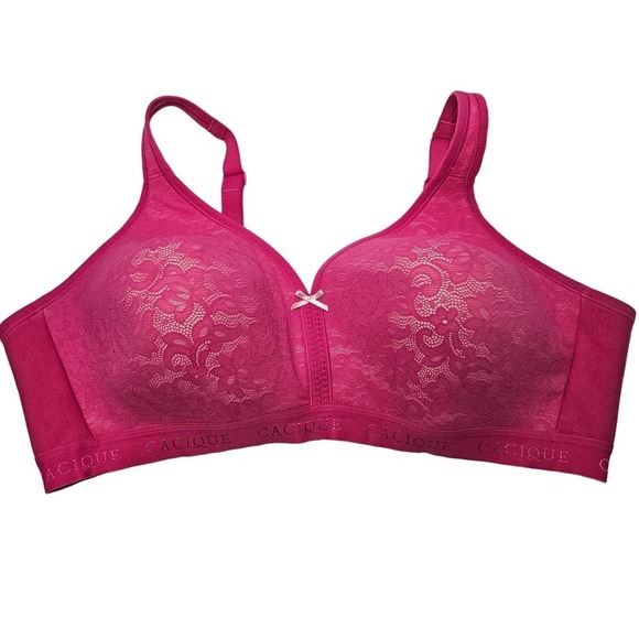Cacique Lightly Lined No Wire‎ Bra Pink Cotton/Lace 46C Hot Pink Wireless - Picture 1 of 7